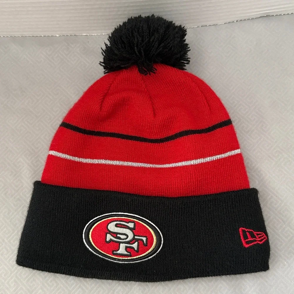 New Era San Francisco 49ERS Beanie Cap Hat Pom Logo Fleece Lined Red & Black OS